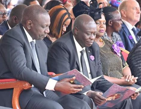 UDA presidential candidate Deputy President William Ruto (left) and his running mate and Mathira MP Rigathi Gachagua at the funeral service of the Late James Reriani Gachagua at Hiriga village, Nyeri County on May 17, 2022